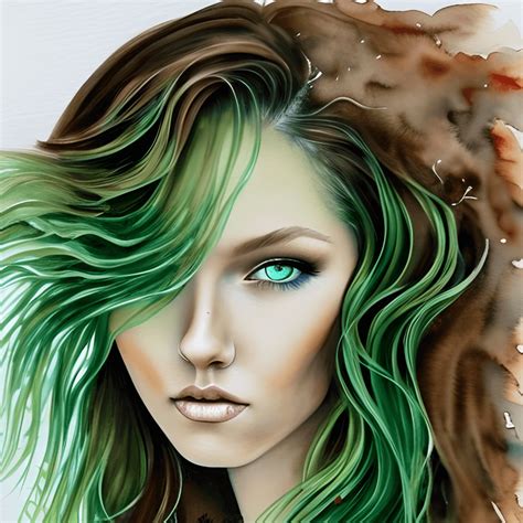 Beautiful Woman With Big Wild Wavy Fluid Brown Hair Green · Creative