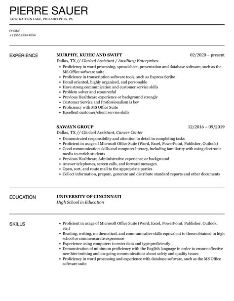 clerical assistant resume sample
