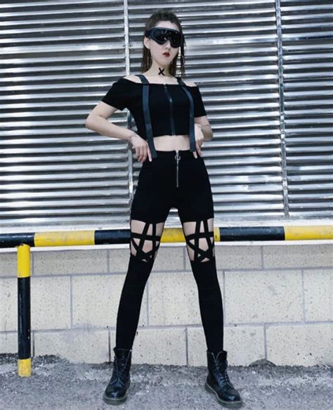 star hollow out punk pants in 2022 patchwork crop top punk fashion