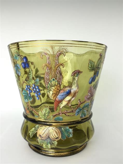 Large Bohemian Moser Style Glass Vase With Enameled Pheasant And Fruits
