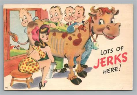 Sexy Farm Girl Milking Cow Lots Of Jerks Vintage Risque Linen Comic