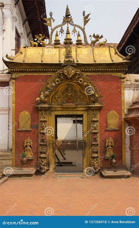 fancy gold entrance gate  kathmandu stock photo image  religious nepal