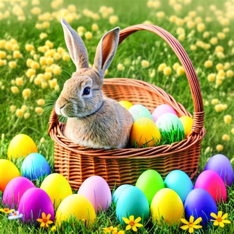 An Easter Hare On A Summer Meadow With Colored Eggs Stock Illustration