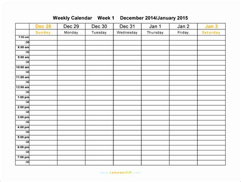 week calendar template excel