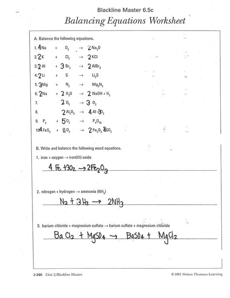 balancing equations  types  reactions worksheet answers balance