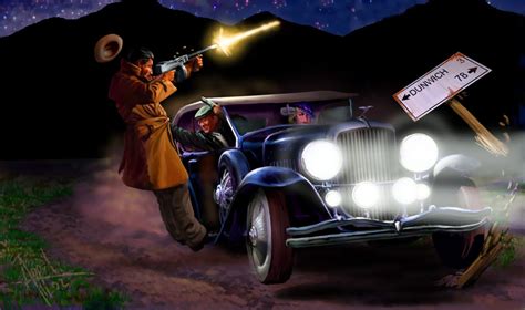 gangsters drive  shooting streets    noir detective dark gothic art pulp