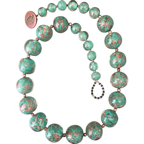 Vintage Venetian Green Aventurine Sommerso Glass Bead Necklace From
