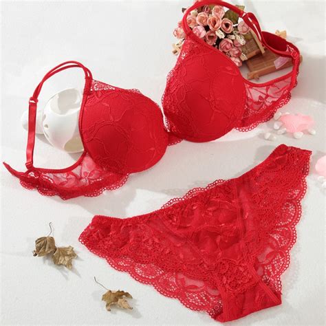 sexy lace red bra and panty set lingerie plunge push up underwire