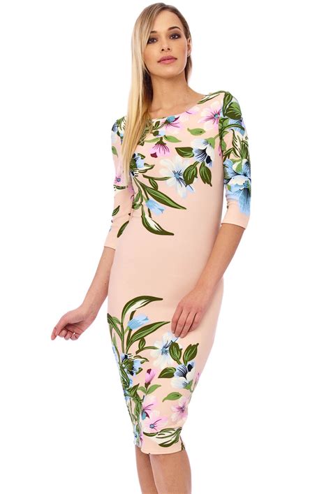 Ursula 60s Floral Wiggle Tropical Dress In Nude Free Uk Pandp
