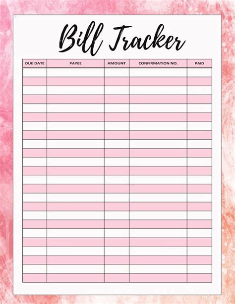 pink  white printable bill tracker   words bill tracker