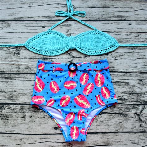 newest handmade crochet bikini ladies printed brazilian bikini set