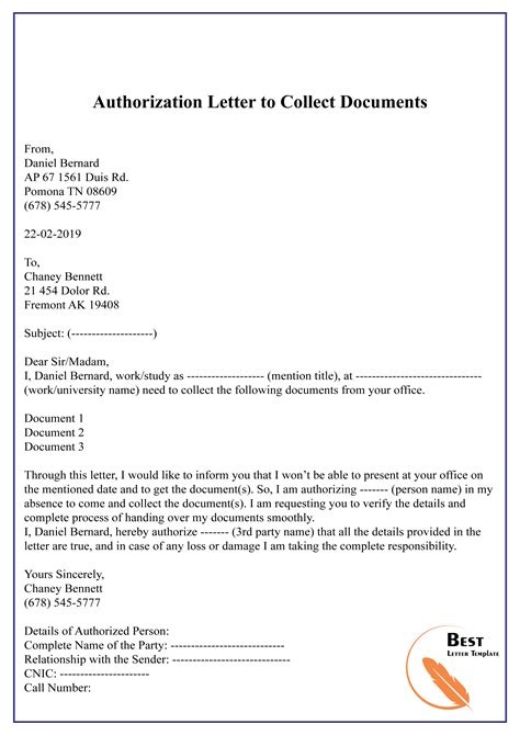 authorization letter  collect documents   letter template