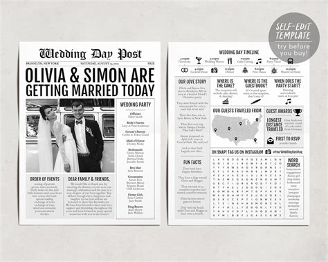 newspaper wedding program template editable wedding infographic