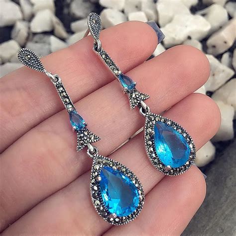 buy  pair blue water drop earrings crystal vintage long earrings statement