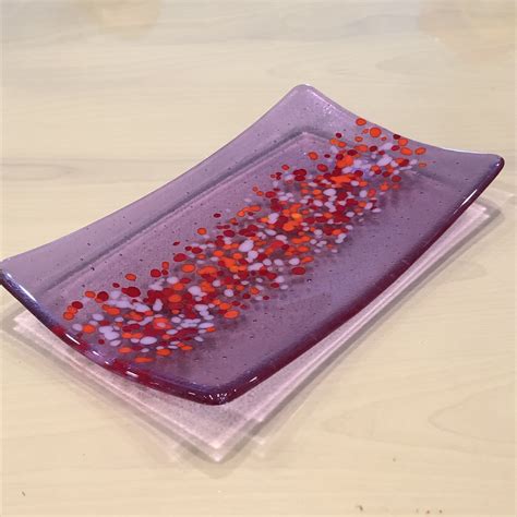 Fused Glass Dish In Lavender With Middle Strip In Orange Red And Lilac