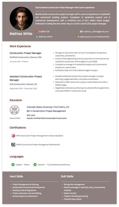 construction project manager resume examples  templates cakeresume