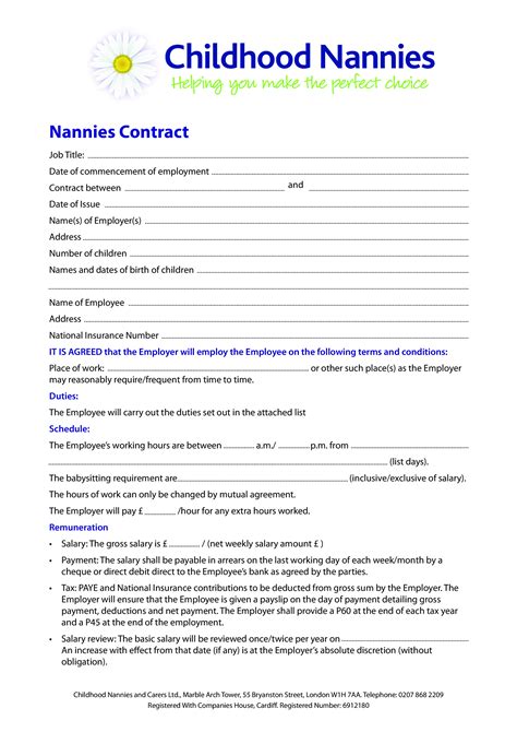 sample nanny contract  document template
