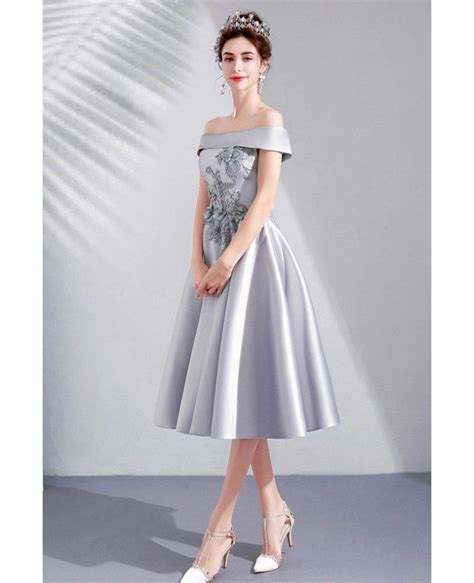 Silver Satin Knee Length Cute Party Dress Off Shoulder With Embroidery