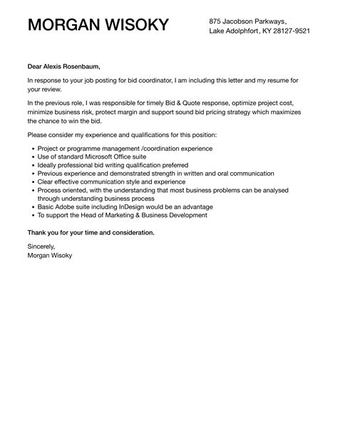 bid coordinator cover letter velvet jobs