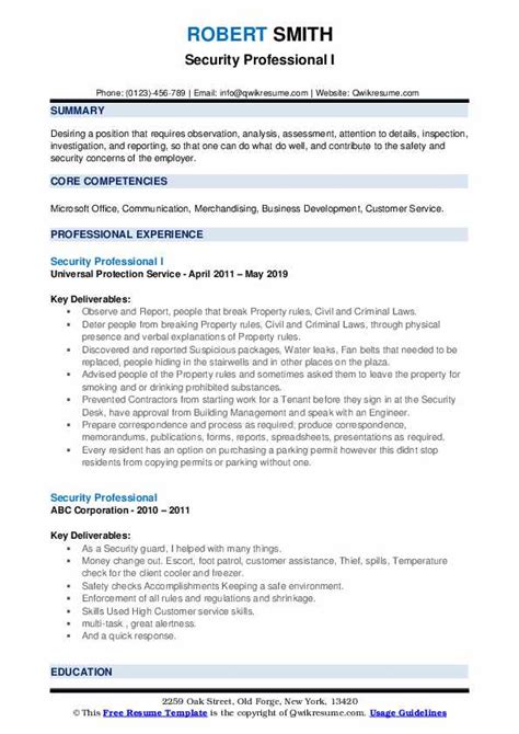 security professional resume samples qwikresume