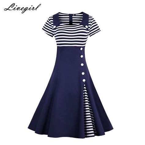 women vintage striped buttoned pin up dress summer retro party evening