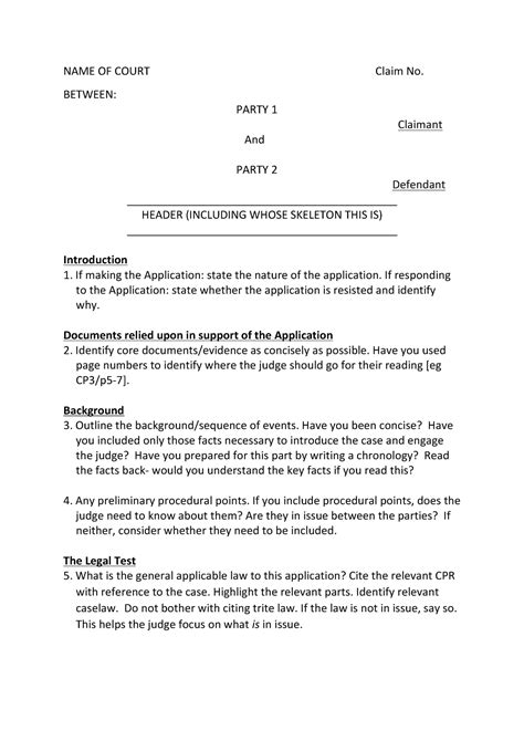 sample skeleton argument   court claim   party