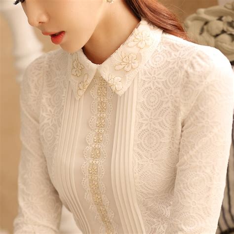 women mandarin collar long sleeve lace blouse elegant lady floral