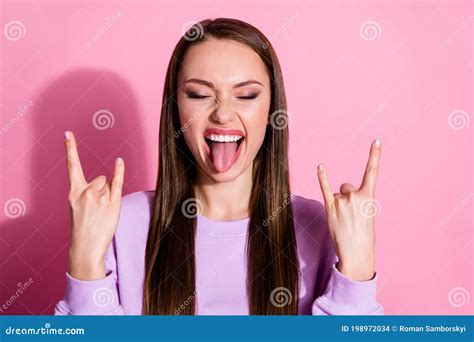 Closeup Photo Of Funky Cool Youngster Lady Stick Tongue Out Mouth