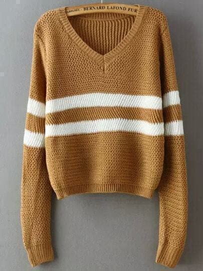 Khaki V Neck Striped Crop Sweater Shein Sheinside
