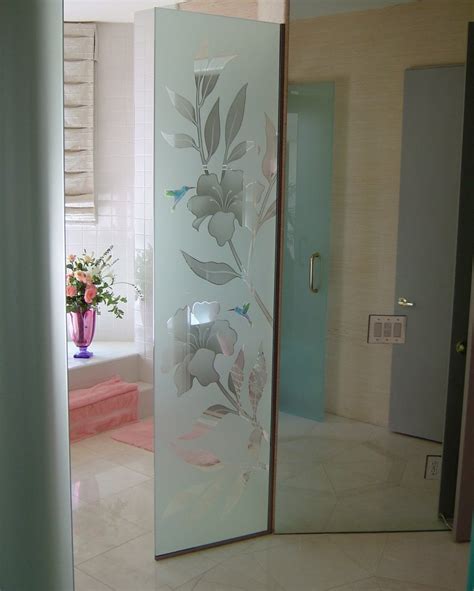 hibiscus and hummingbids etched glass shower panel