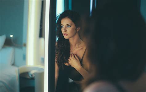 Model Anime Eyeliner Reflection Mirror Women Looking Away Brunette Long