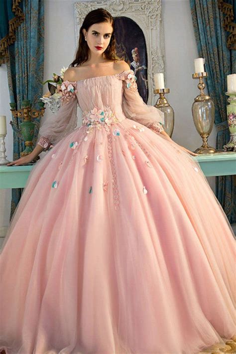 shoulder long sleeves ball quinceanera dress  flowers prom dress  ball gown
