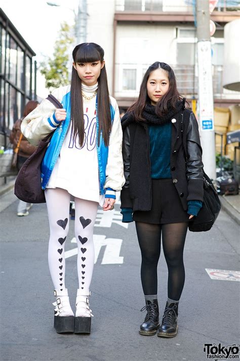 harajuku girls in sukajan jacket platform sandals cowl and heart tights