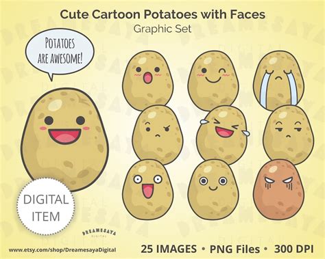 Cute Potatoes Emoticon Fun Smiley Graphic Set Commercial Use Cartoon