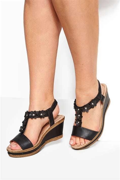 black flower trim wedge sandals  extra wide fit  clothing
