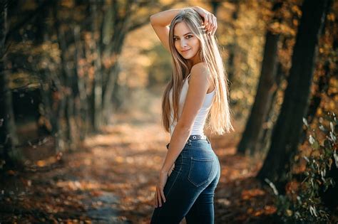 Pretty Blonde In The Forest Forest Blonde Jeans Model Smile Hd