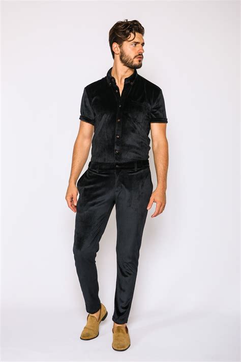 velvet black fitted mens jumpsuit shop  romperjack