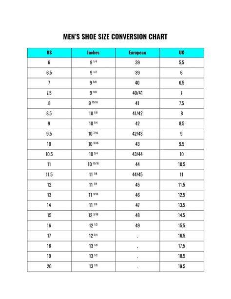 standard shoe sizes  shoe size charts