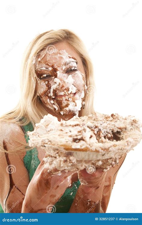woman  pie  messy face stock image image  hungry blond