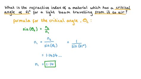 question video determining  refractive index   critical angle nagwa