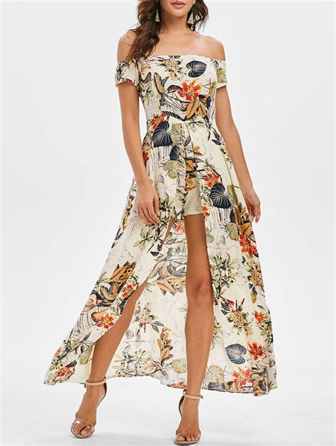 [44 Off] Floral Off The Shoulder Maxi Dress With Romper Rosegal