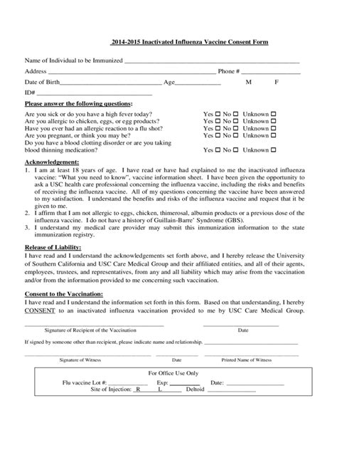 printable flu vaccine consent form template printable templates