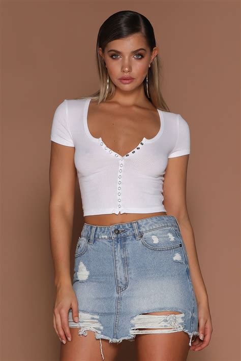 Basia Button Up Crop Top White Meshki Crop Tops Women Clothing
