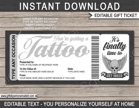 tattoo gift certificate card template diy printable gift voucher