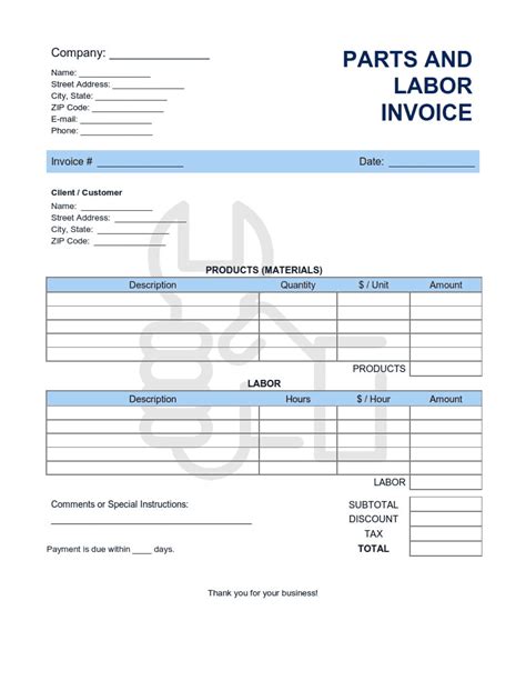 parts  labor invoice template word excel