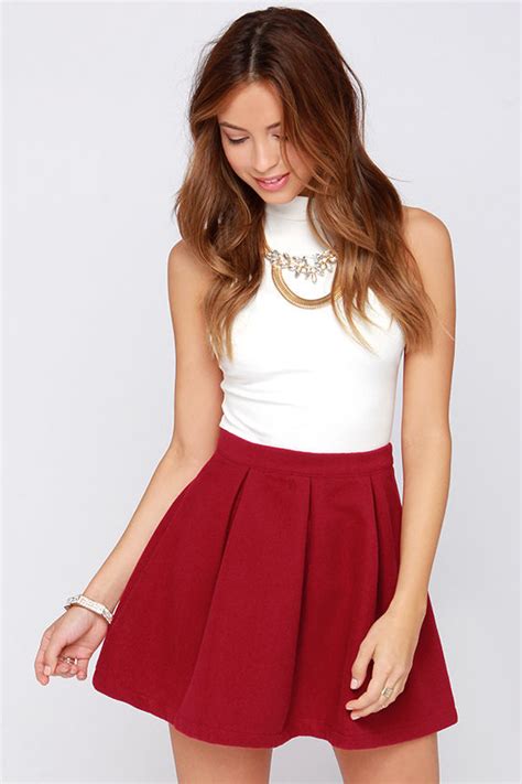 cute wine red skirt mini skirt pleated skirt 45 00