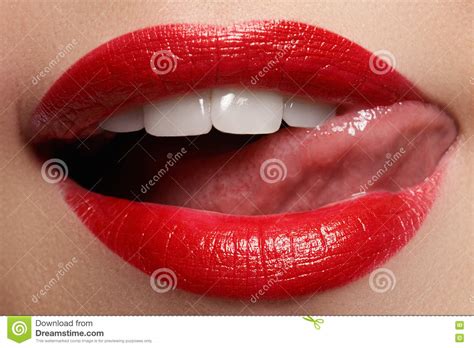 close up happy female smile with healthy white teeth bright red lips make up stock image