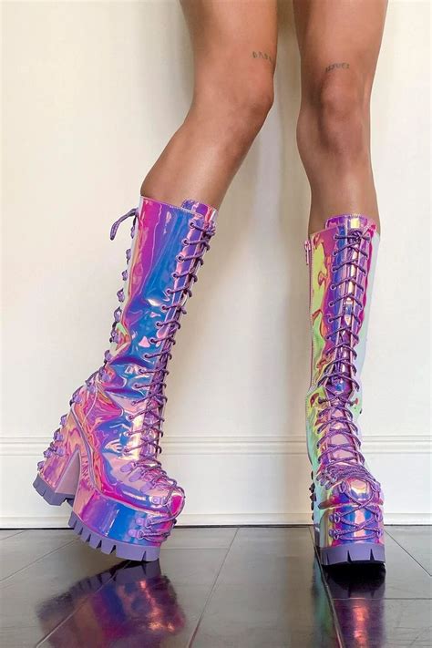 pink blue iridescent reflective platform lace  boots floralkini platform boots boots