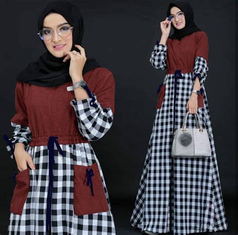 gamis motif kotak model baju gamis kotak kotak kombinasi polos hijab