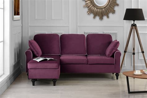 classic  traditional small space velvet sectional sofa  reversible chaise purple